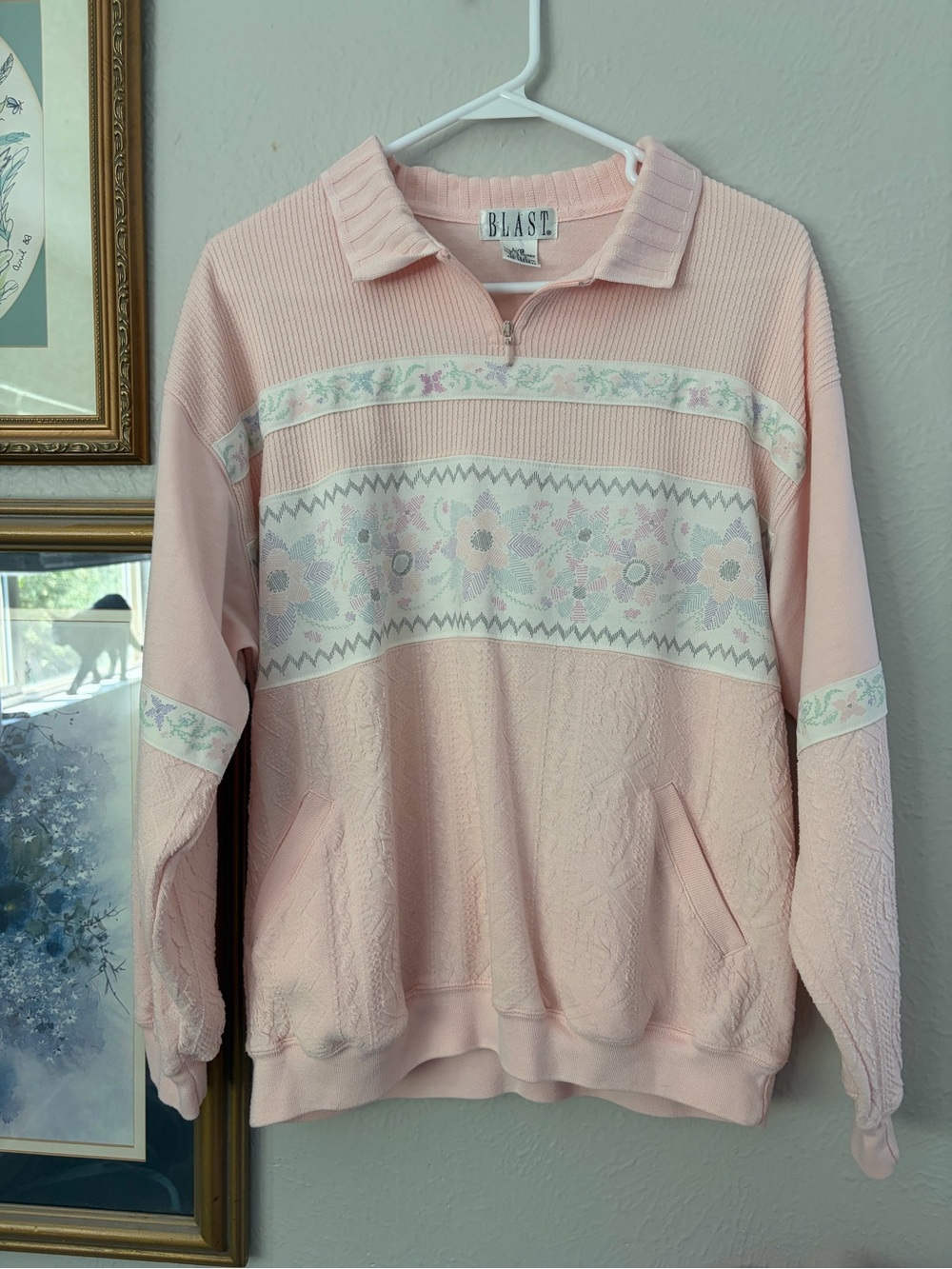 Blast Pastel Pink Floral V-Neck Quarter-Zip Sweater
